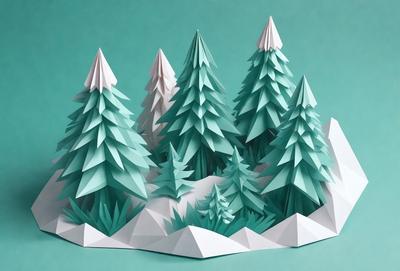 The primary subject of the image is a three-dimensional model of a forest, featuring trees and a snowy landscape. The setting is a green background, which provides a contrasting and natural environment for the trees. The visual style is a combination of digital art and illustration, creating a realistic and detailed representation of the forest. The colors and mood of the image are predominantly green and white, giving it a serene and calming atmosphere.